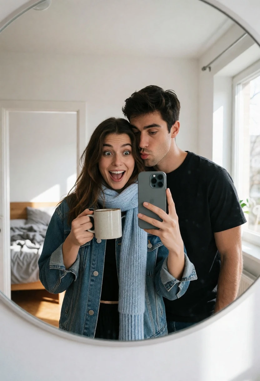 Playful couple mirror selfie in bright bedroom with natural daylight - AI generated image prompt sample