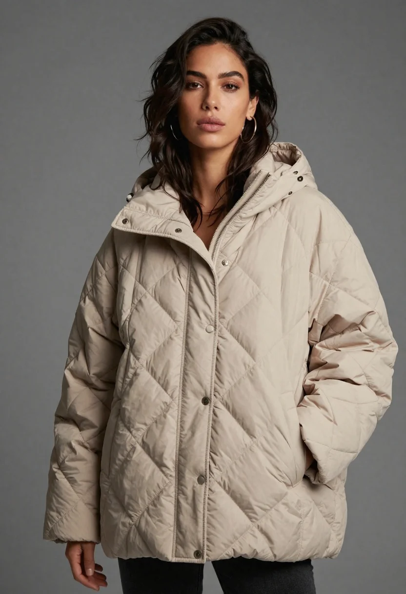 Woman in beige puffer jacket studio portrait
