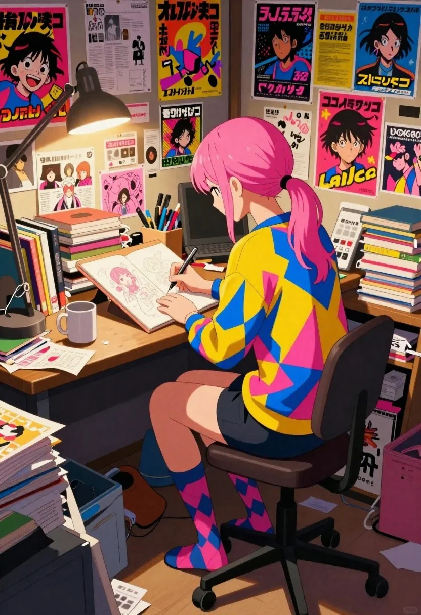 Anime artist working at desk in cluttered studio