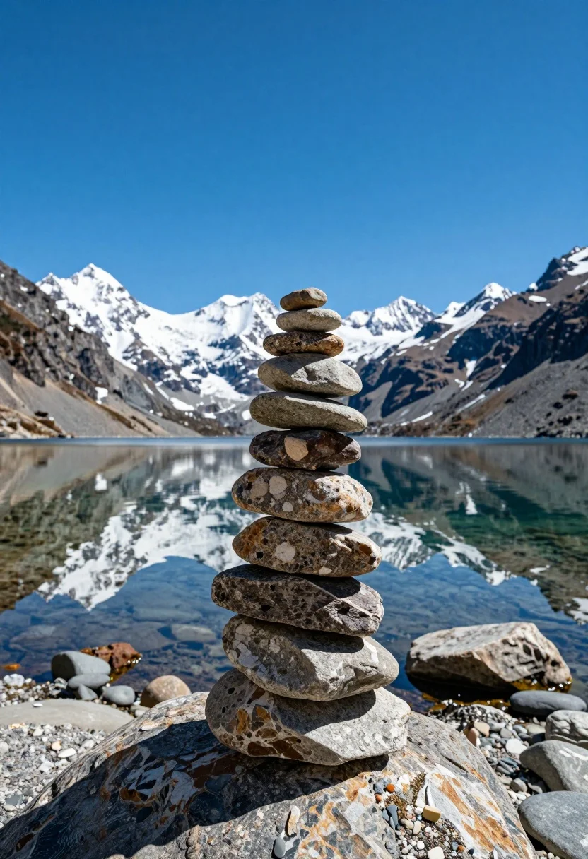 Hyperrealistic view of stone cairn on alpine lake with snow capped mountains - AI generated image prompt sample
