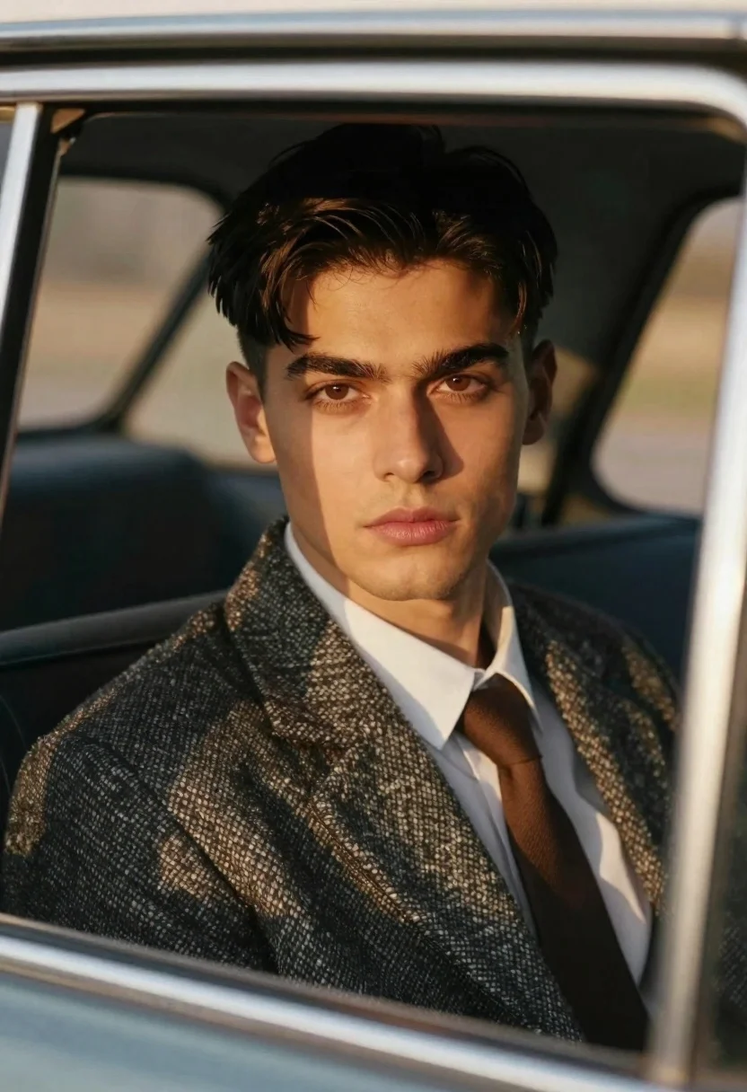 Handsome man in tweed jacket seated in old car