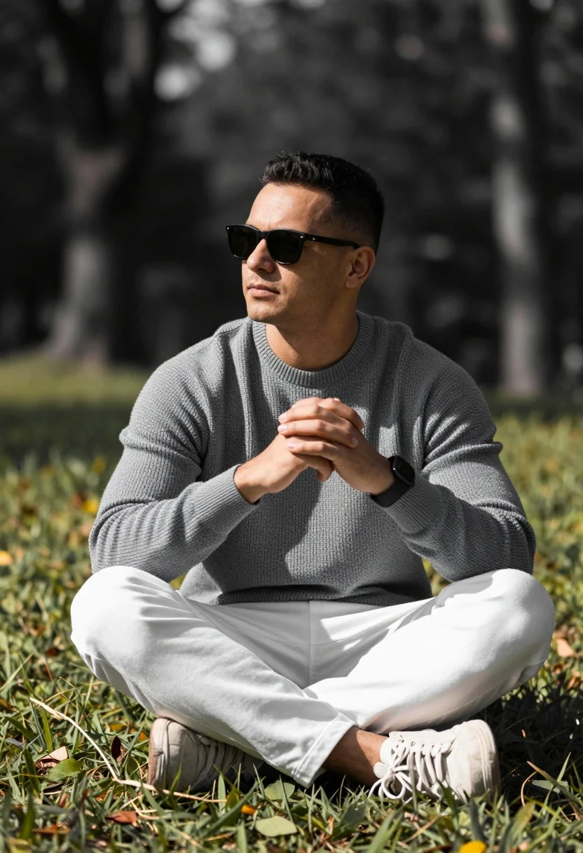 Man sitting cross legged on a grassy hill with blurred trees background - AI generated image prompt sample