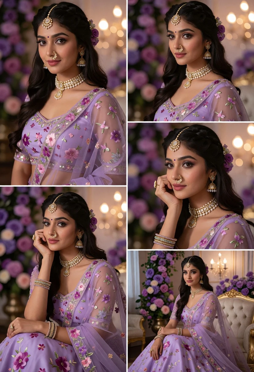 Collage portrait of woman in lavender floral gown with indian jewelry - AI generated image prompt sample
