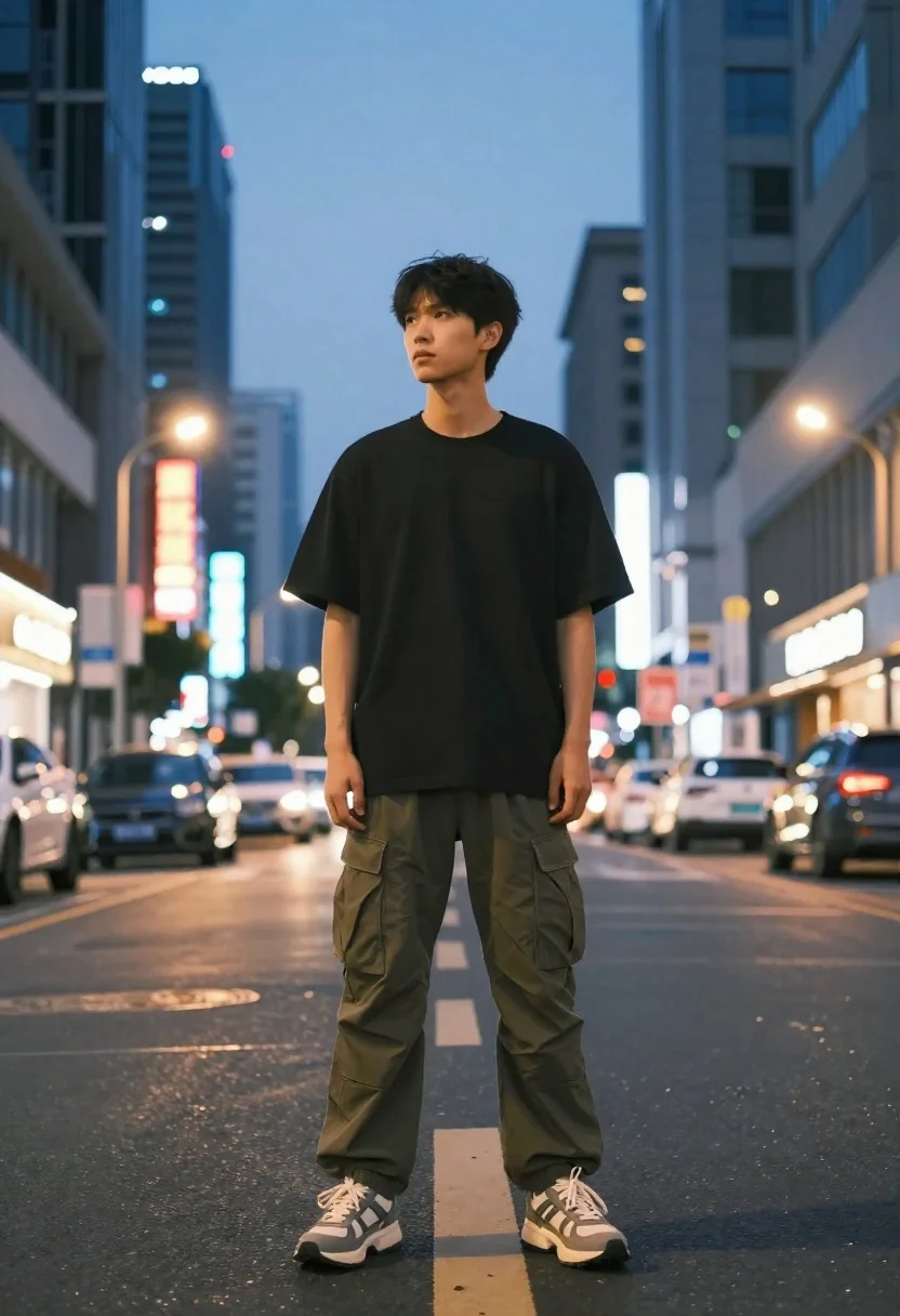 Young asian man in black tshirt standing on a busy city street - AI generated image prompt sample