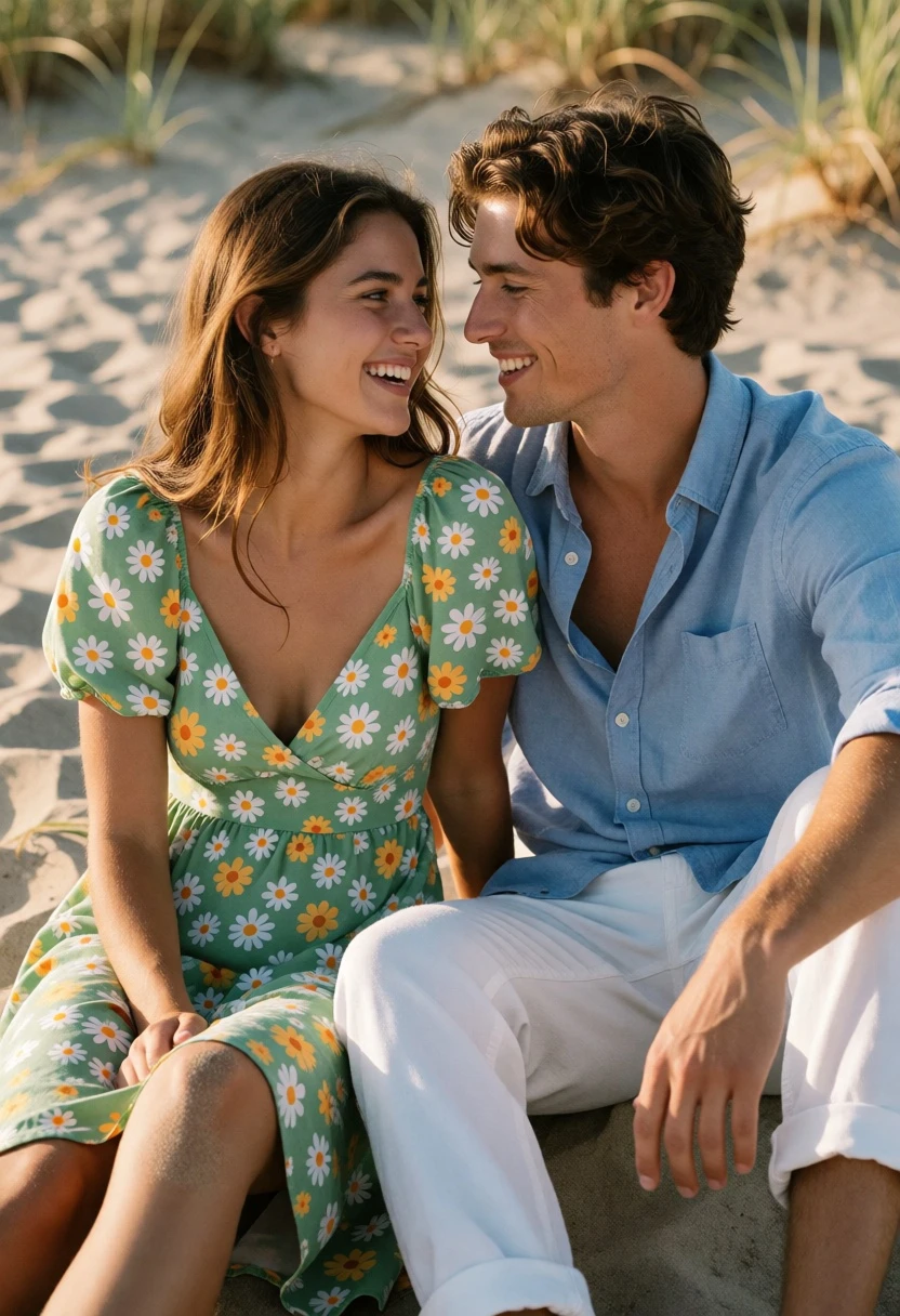 Smiling couple sharing joyful moment on sandy beach at golden hour - AI generated image prompt sample