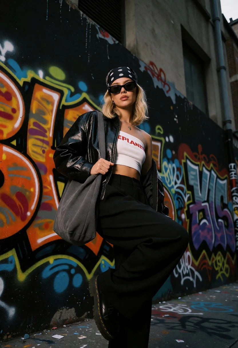 Blonde woman in black leather jacket graffiti alleyway low angle shot - AI generated image prompt sample