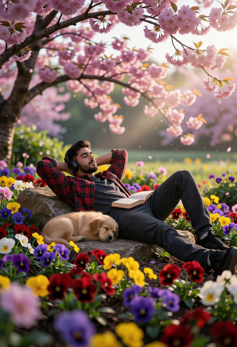 Young man resting with puppy in vibrant flower garden under cherry blossoms - AI generated image prompt sample