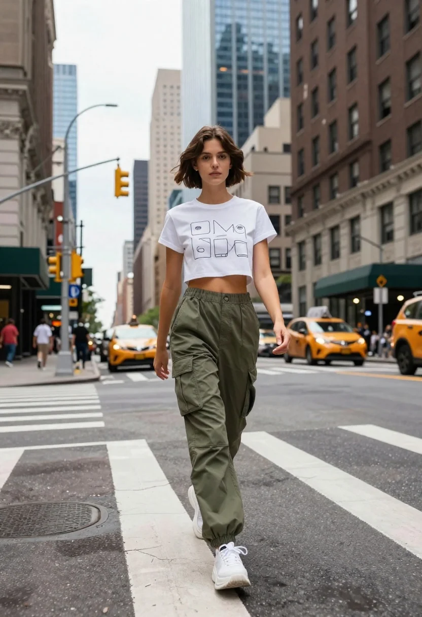 Young woman in white tshirt and cargo pants walking across city street - AI generated image prompt sample