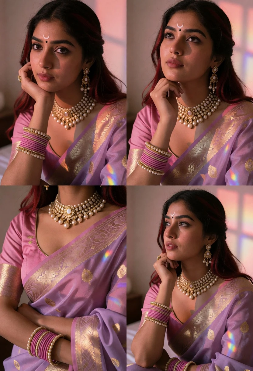 Young woman in lavender saree with gold embroidery indoors portrait - AI generated image prompt sample