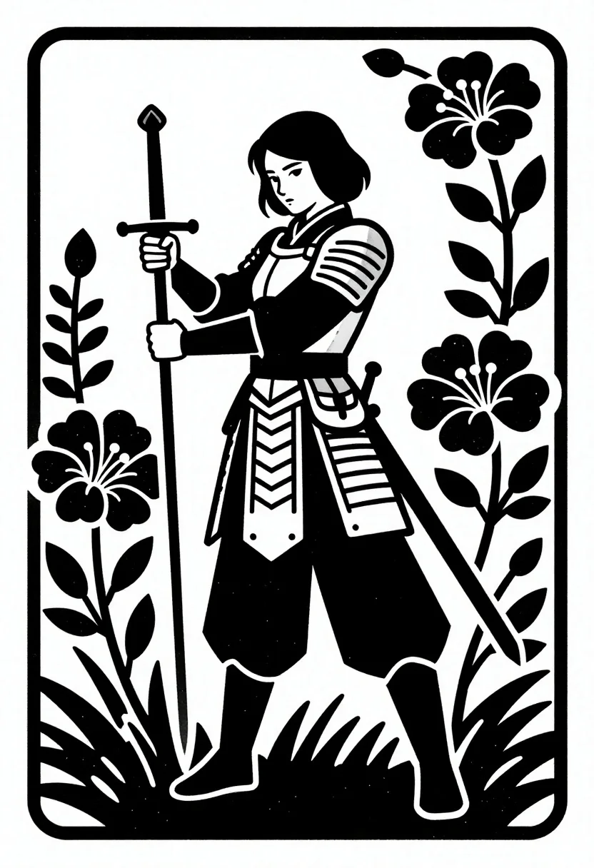 Black and white illustration of warrior with sword