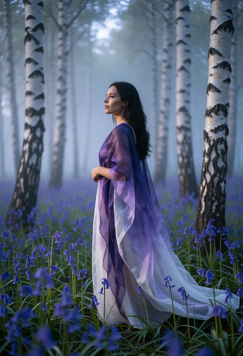 Woman in flowing gown within misty birch forest of bluebells - AI generated image prompt sample
