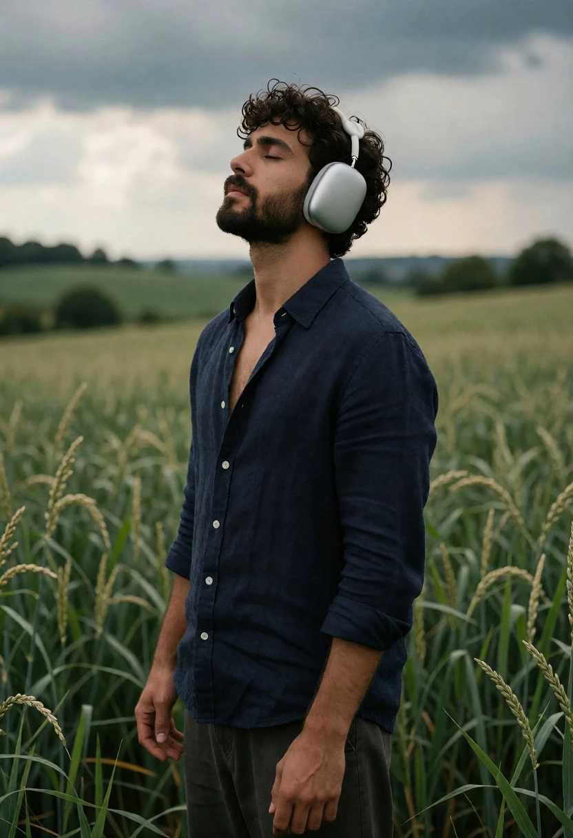 Man in dark shirt listening to music in a vast green field - AI generated image prompt sample