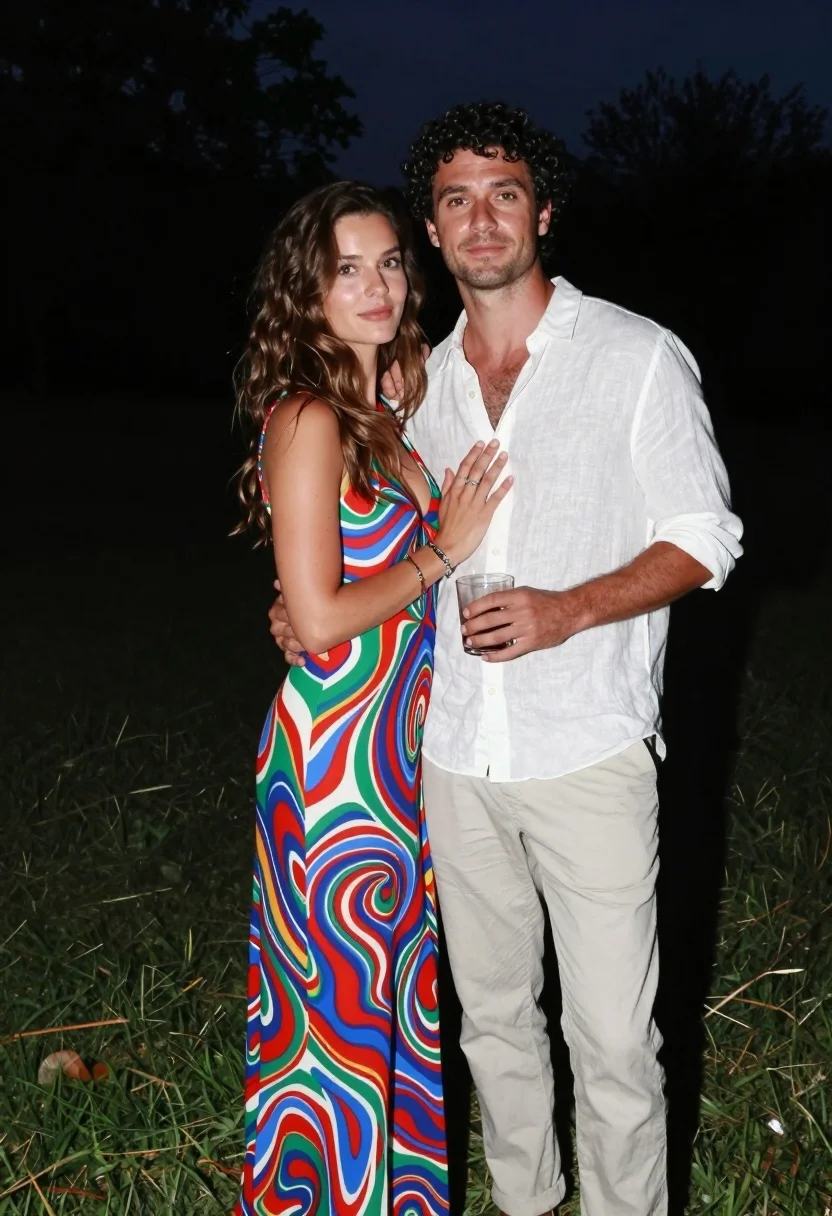 Young couple embracing outdoors on a grassy lawn at night under soft - AI generated image prompt sample