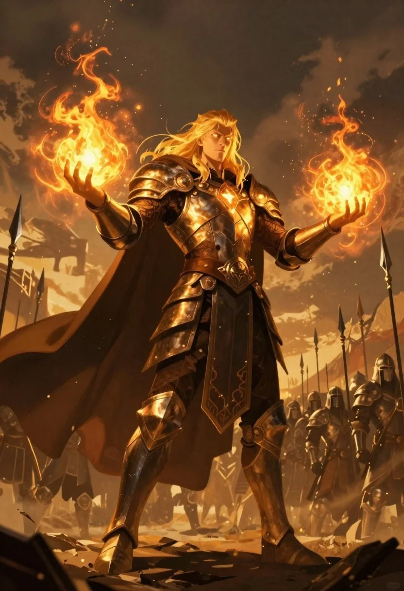 Mage with fire spheres before armored soldiers
