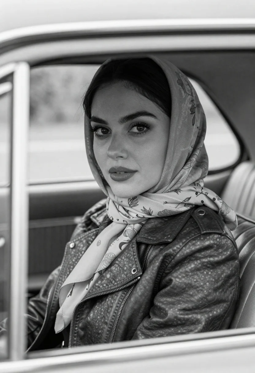 Black and white portrait of woman in vintage car - AI generated image prompt sample