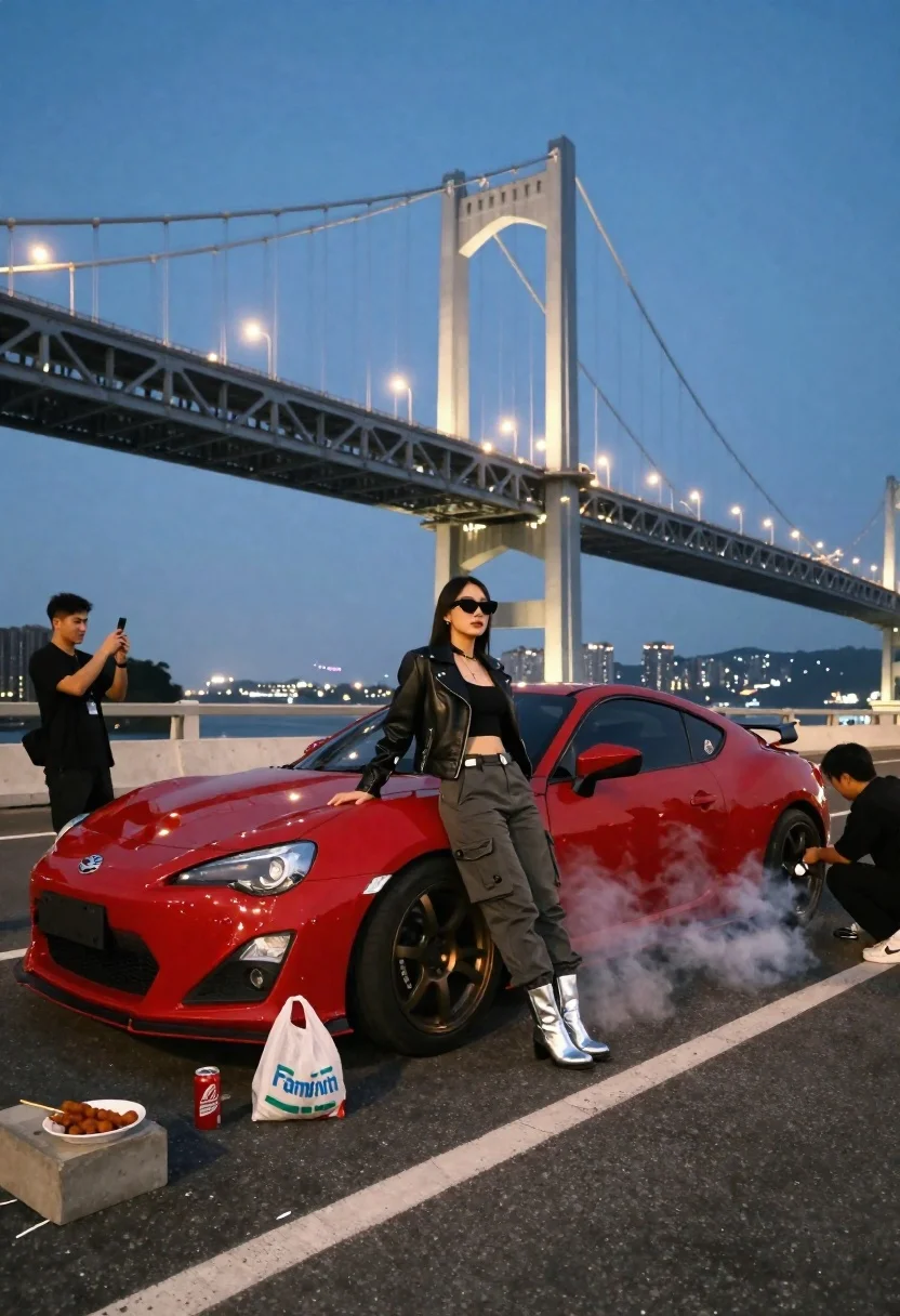Woman in leather jacket poses on red sports car near smoke at - AI generated image prompt sample