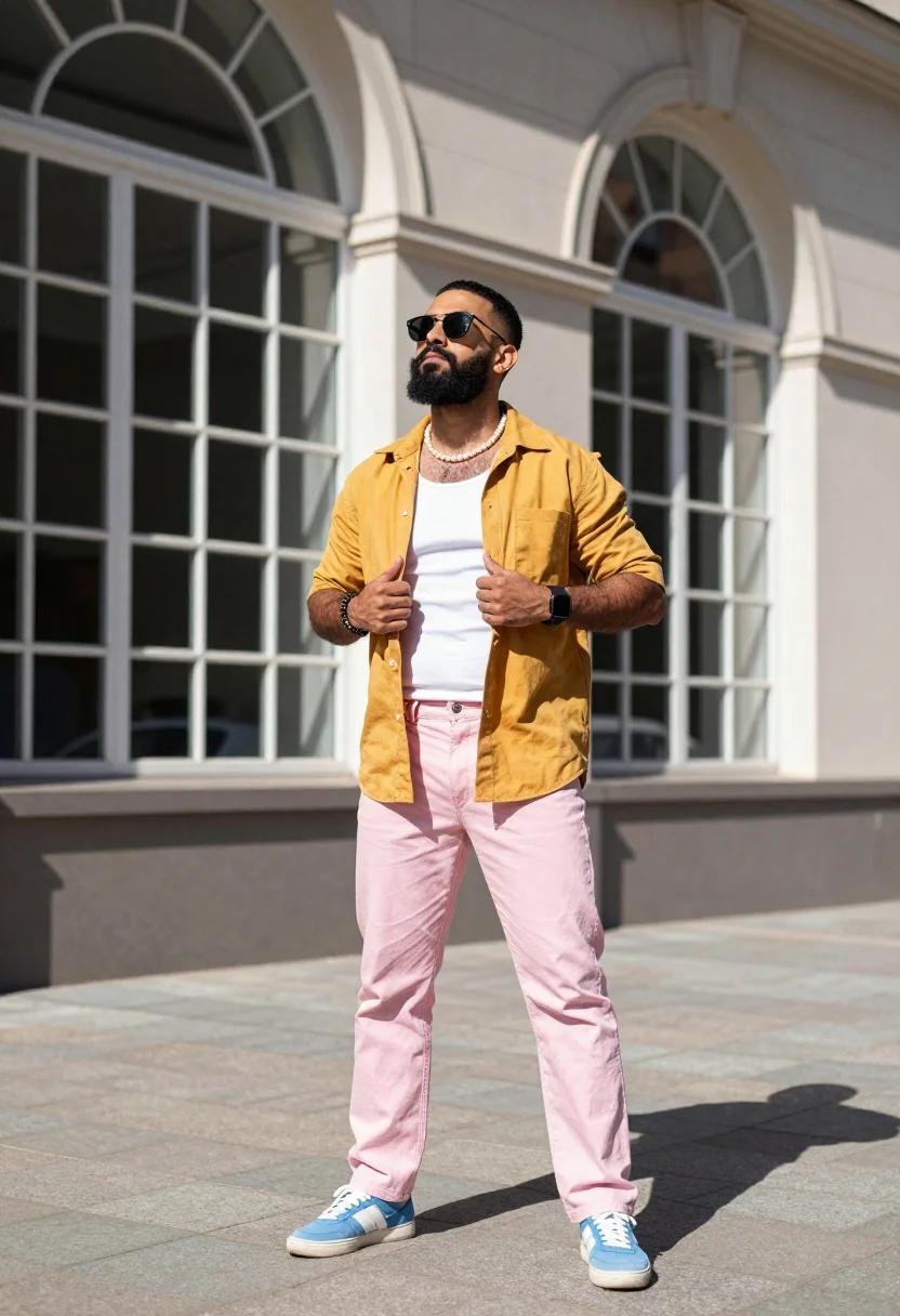 Stylish man in yellow shirt and pink jeans against arched building windows - AI generated image prompt sample