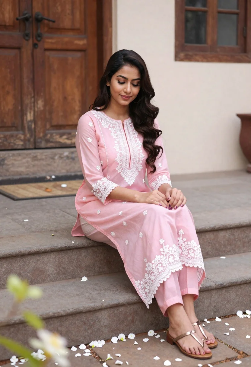Young woman in pink embroidered kurta sitting on stone steps outdoors - AI generated image prompt sample