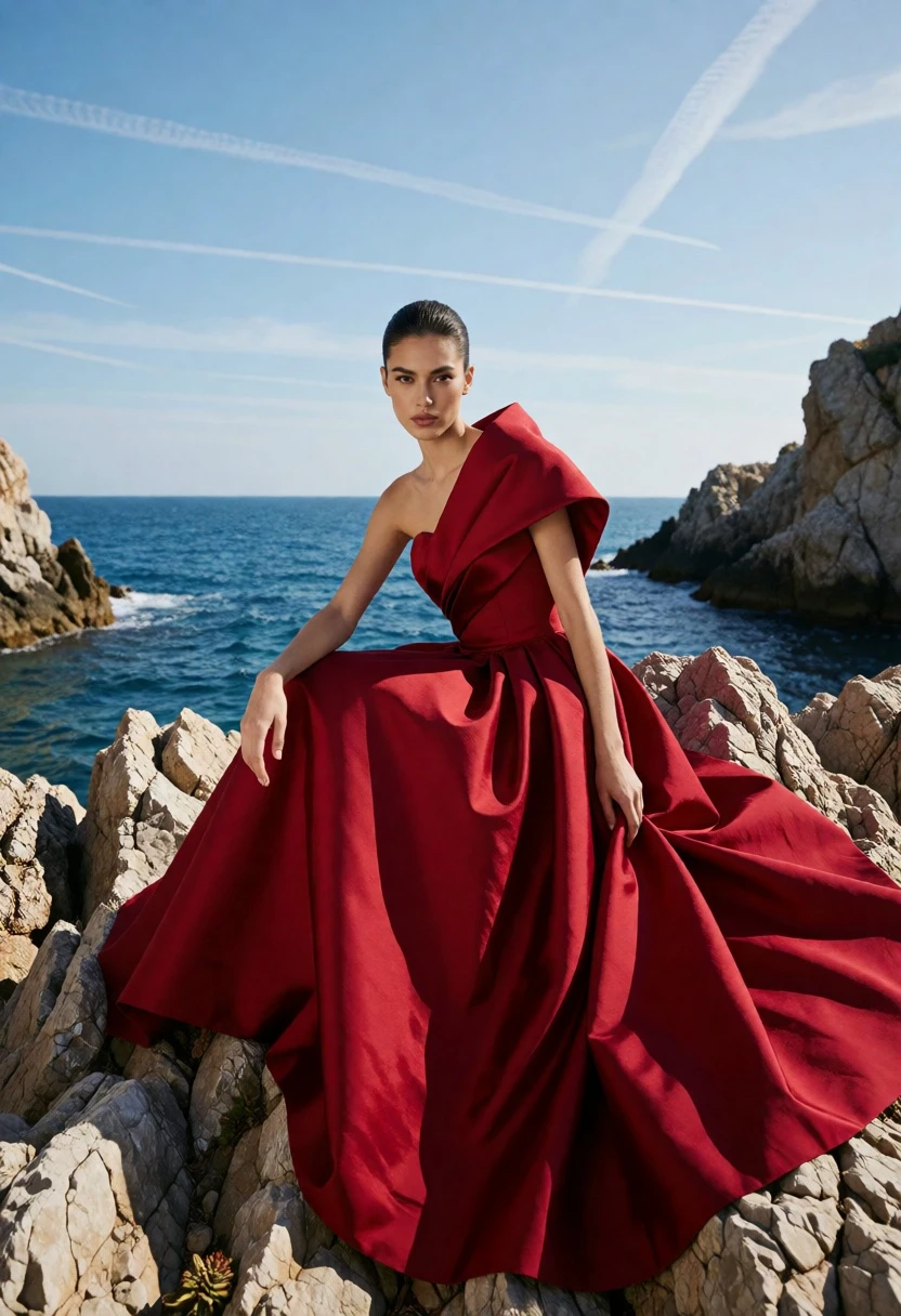 Woman in deep crimson gown seated on jagged coastal rocks by the - AI generated image prompt sample