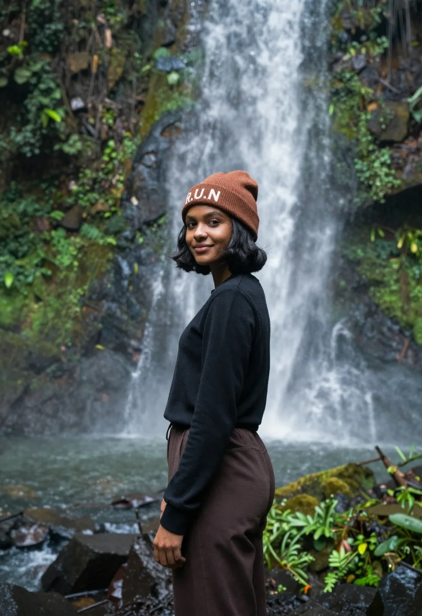 Young woman with dark skin and beanie standing before jungle waterfall - AI generated image prompt sample