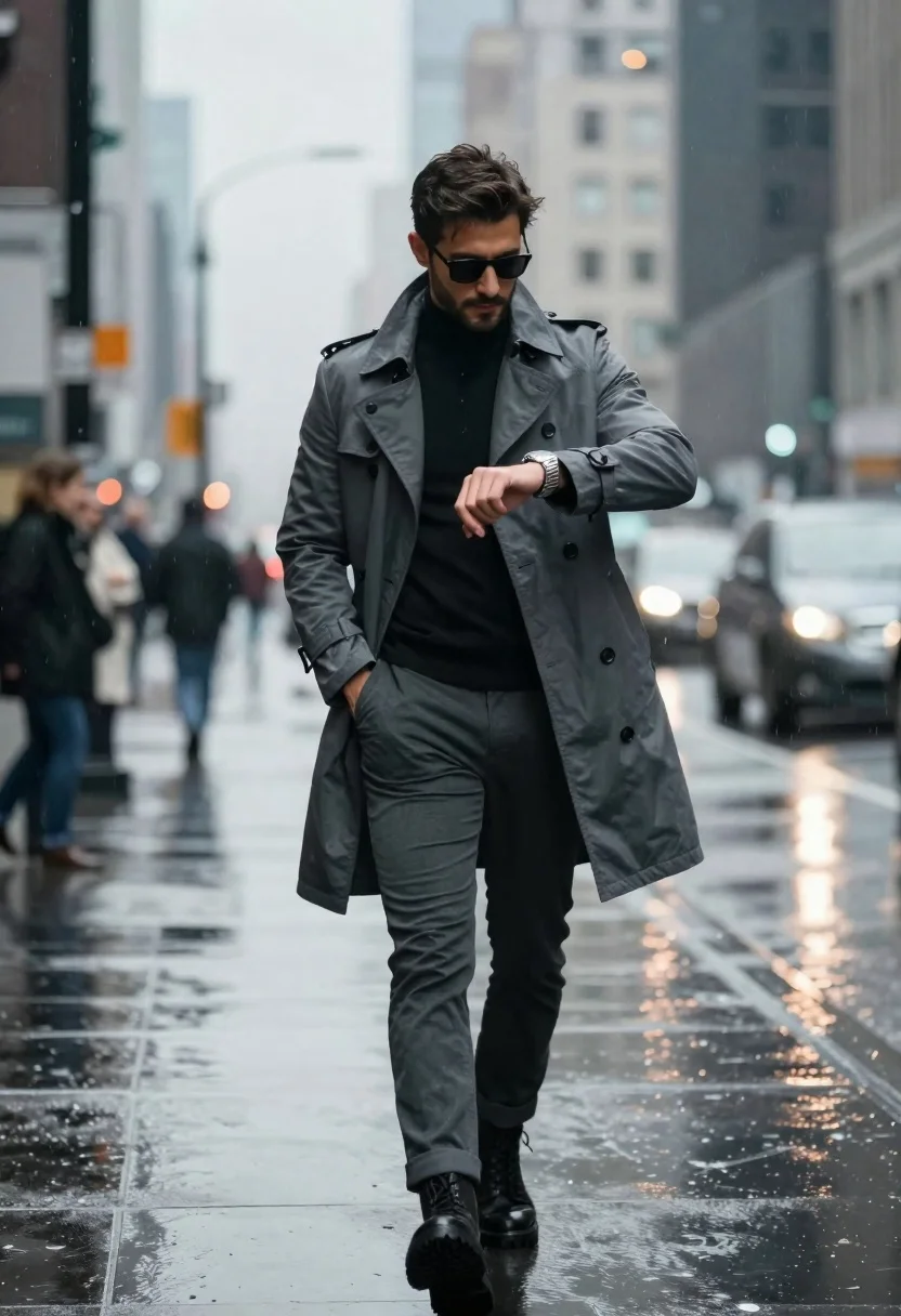 Man walking down a rainy city street at dusk - AI generated image prompt sample