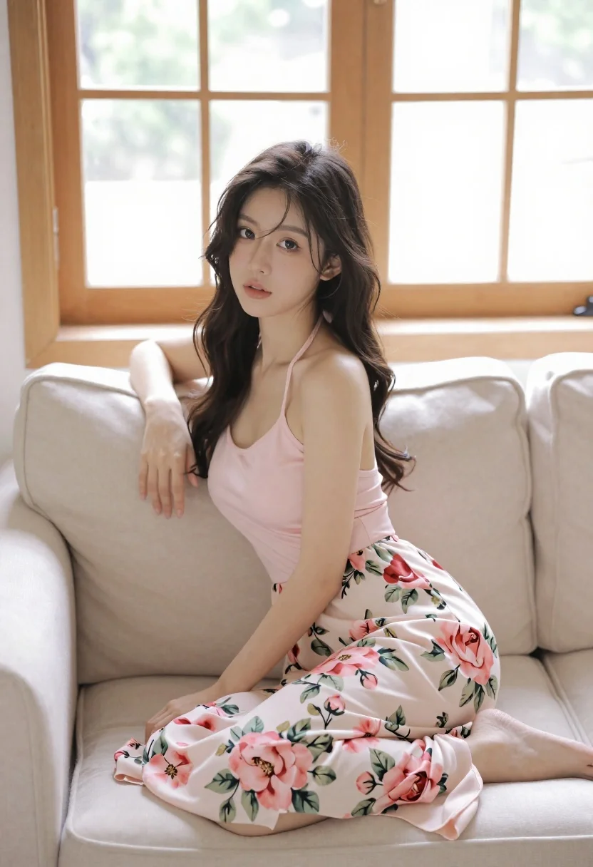 Young woman with dark wavy hair on beige sofa in bright room