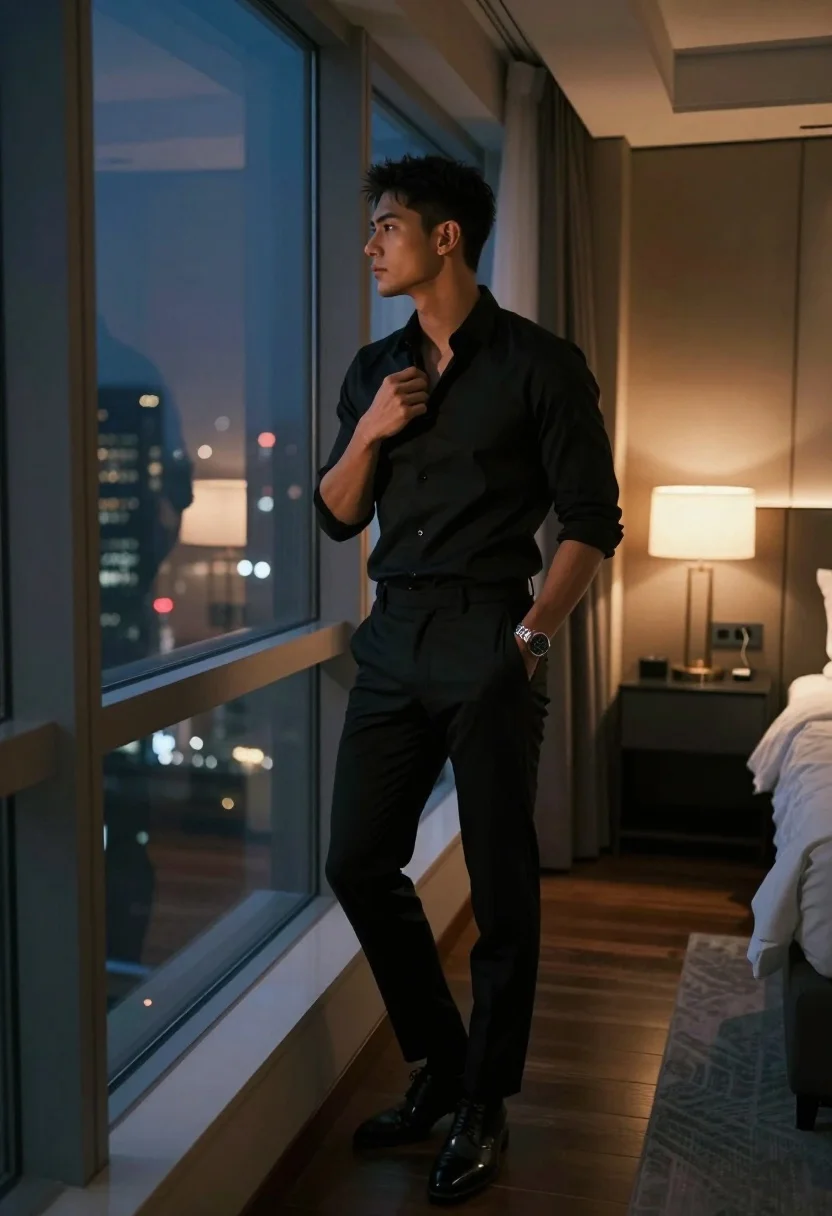 Handsome man in black shirt looking out window at blurred city skyline - AI generated image prompt sample