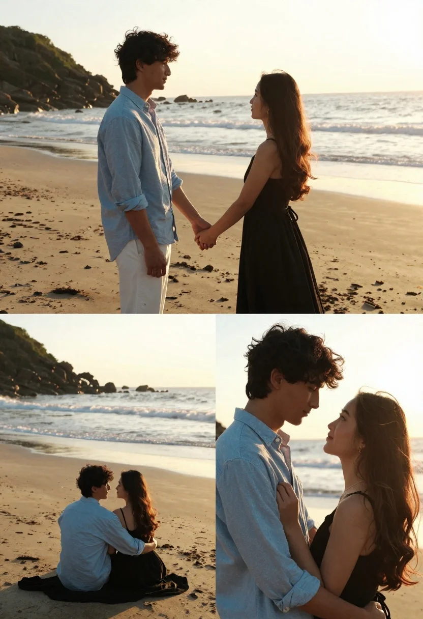 Romantic collage of couple embracing on beach at golden hour sunset - AI generated image prompt sample