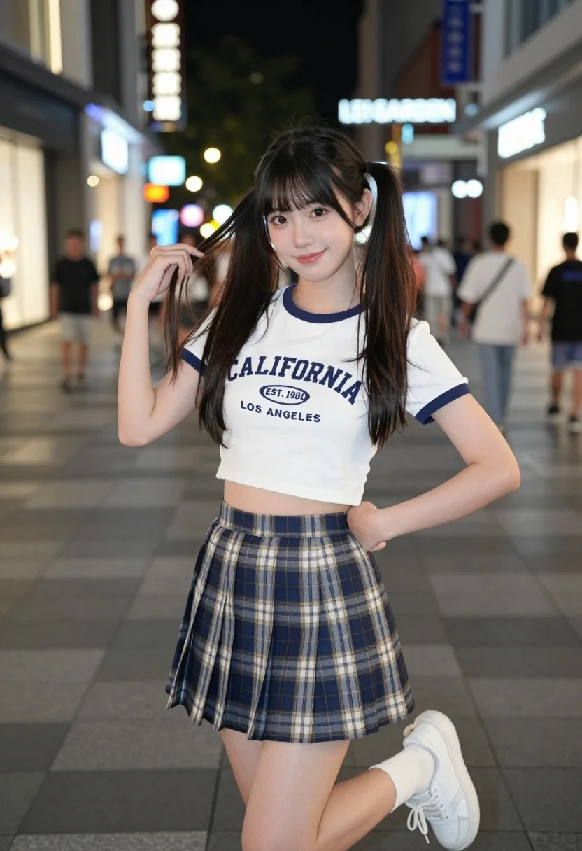 Young asian woman in white t shirt and plaid skirt in urban - AI generated image prompt sample