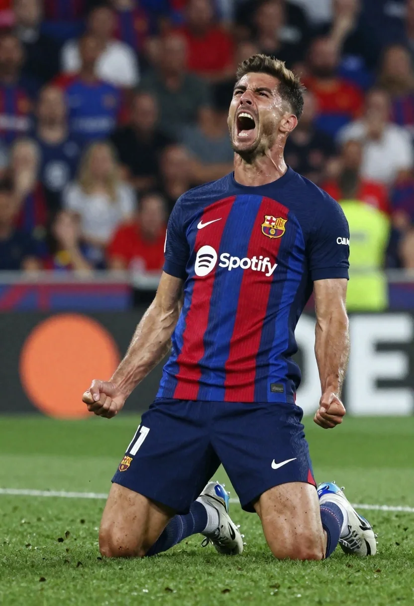 Male soccer player kneeling on green grass pitch shouting with fists clenched - AI generated image prompt sample