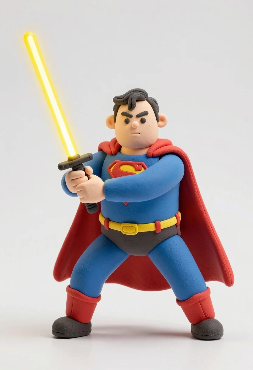 Stylized claymation figure of superman wielding glowing yellow lightsaber in combat stance - AI generated image prompt sample