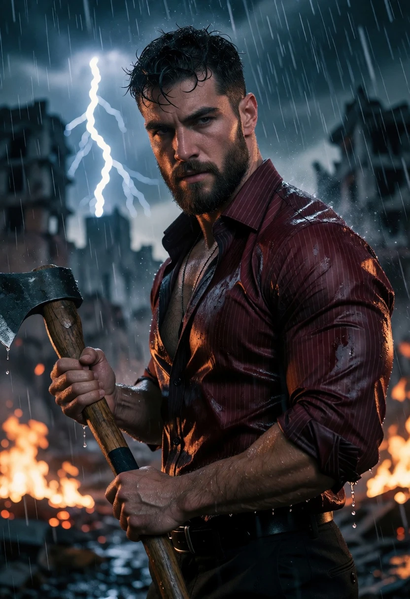 Muscular man with axe in ruined cityscape during stormy rain - AI generated image prompt sample