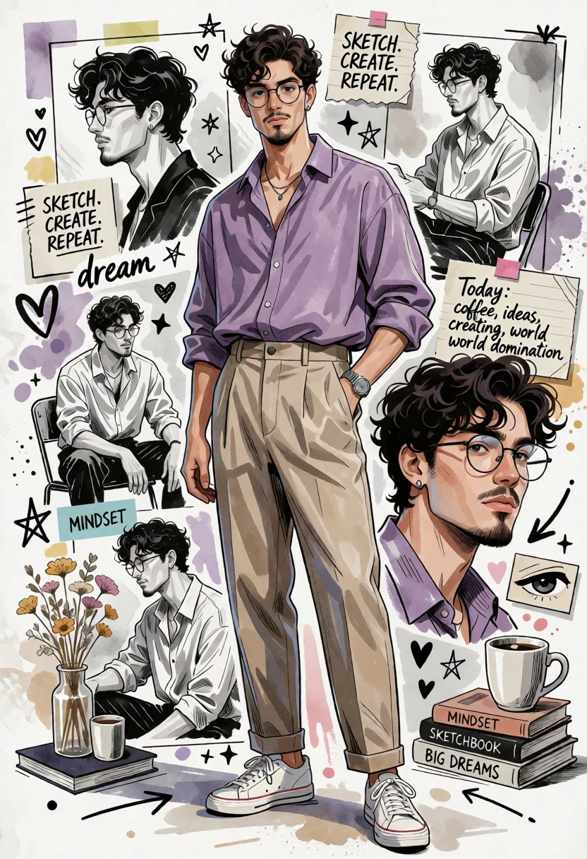 Young man in lavender shirt standing amidst artistic mood board sketches - AI generated image prompt sample