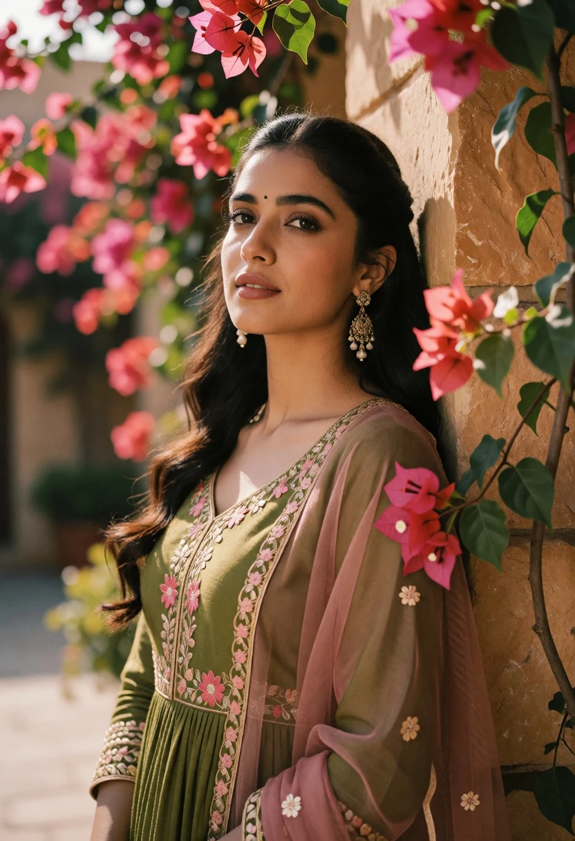 Young woman in olive anarkali dress leaning against stone wall with pink - AI generated image prompt sample