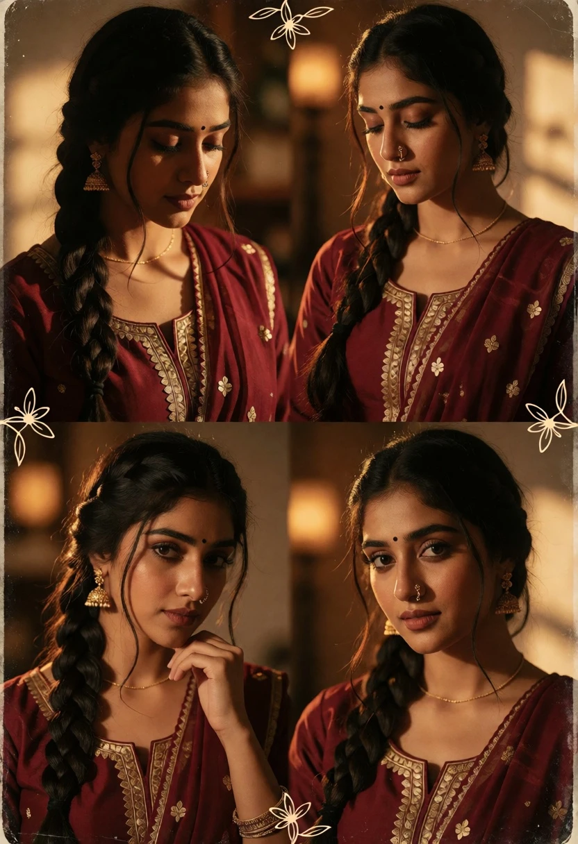 Collage portrait of young woman in maroon kurta with golden hour lighting - AI generated image prompt sample