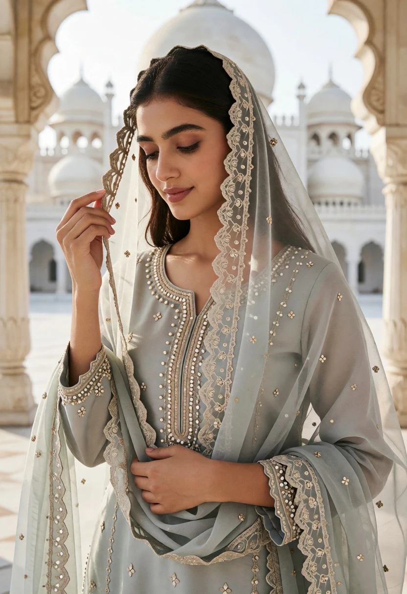 Young woman in traditional outfit within ornate white mughal architectural arches - AI generated image prompt sample