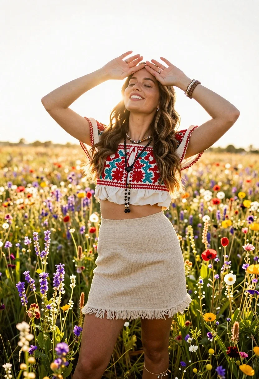 Smiling woman in embroidered top standing in field of wildflowers - AI generated image prompt sample
