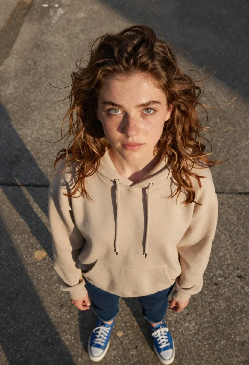 Young woman looking up outdoors in golden sunlight