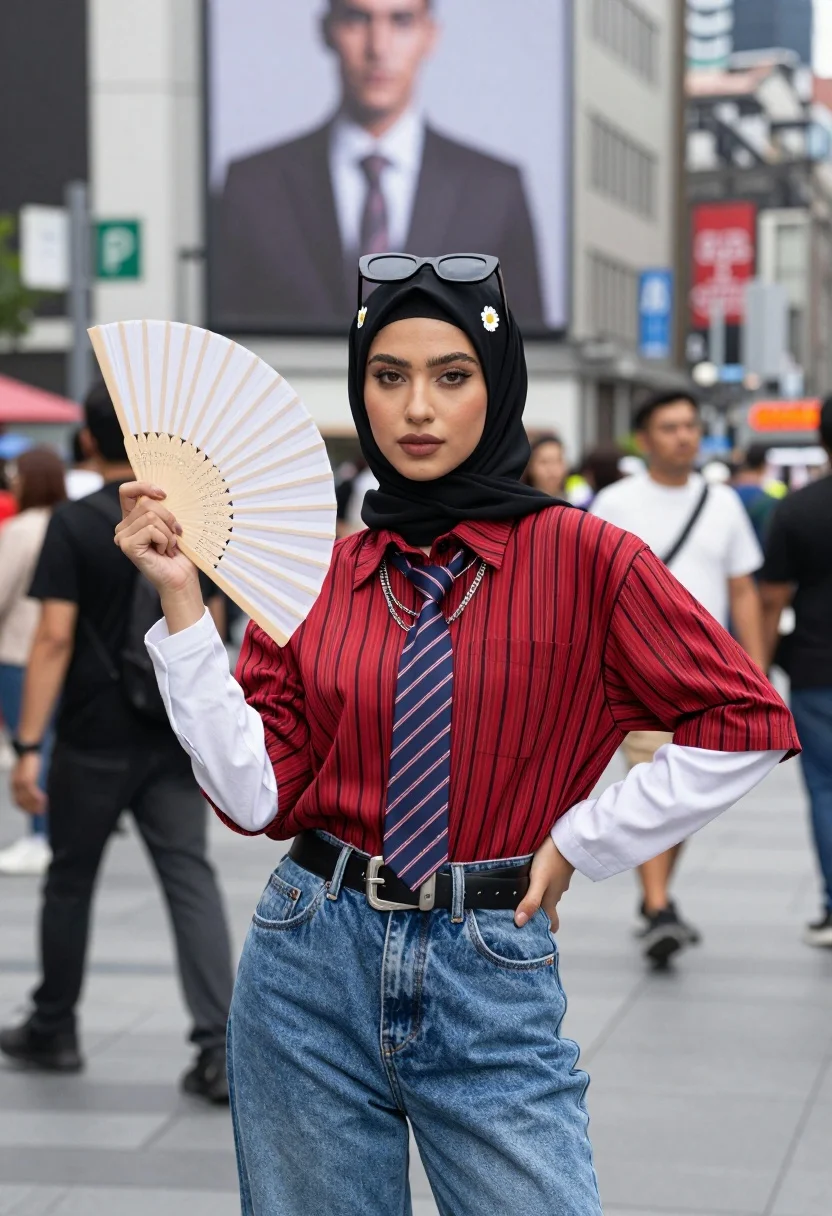 Stylish woman in hijab holding fan on busy urban city street - AI generated image prompt sample