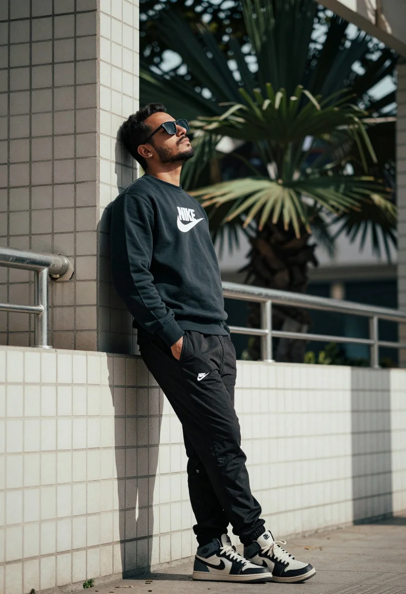 Man leaning against tiled wall in urban setting with streetwear style - AI generated image prompt sample