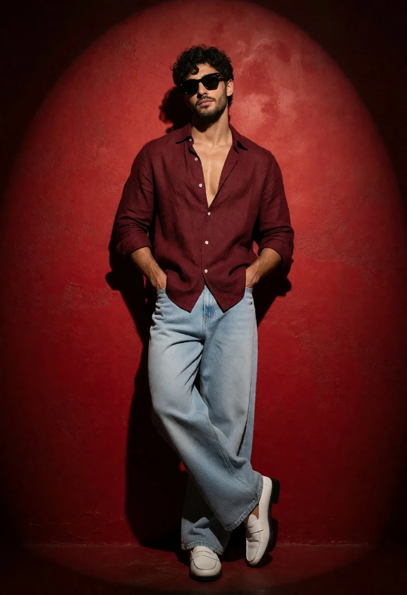 Stylish man in maroon shirt and blue jeans against dramatic red spotlight - AI generated image prompt sample