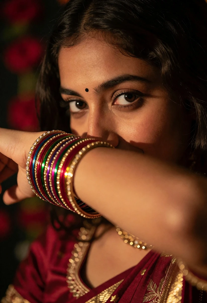 Close up portrait of woman peeking over arm stacked with colorful bangles - AI generated image prompt sample