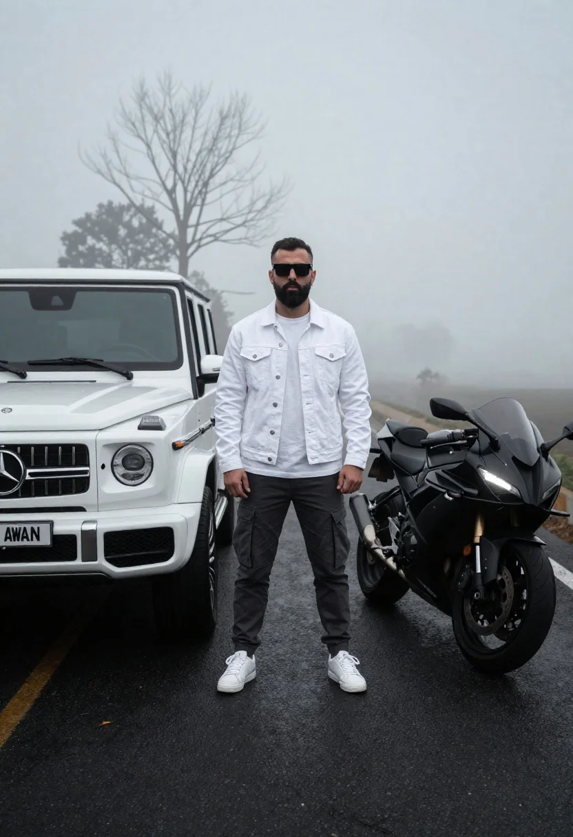 Man between luxury cars on foggy asphalt road - AI generated image prompt sample