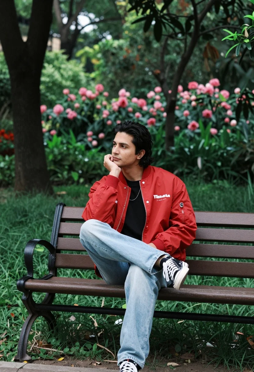 Man in red bomber jacket sitting thoughtfully on park bench surrounded by - AI generated image prompt sample