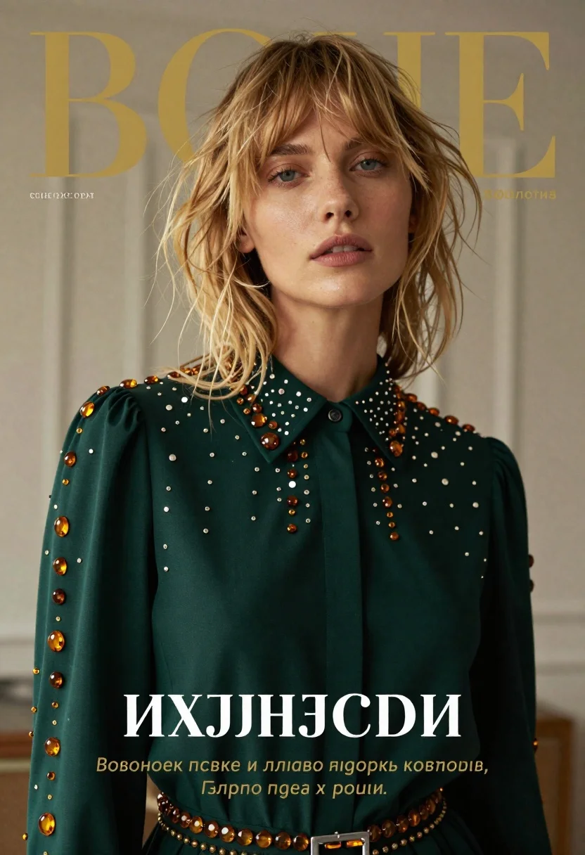 High fashion portrait of blonde woman in green crystal blouse indoors - AI generated image prompt sample