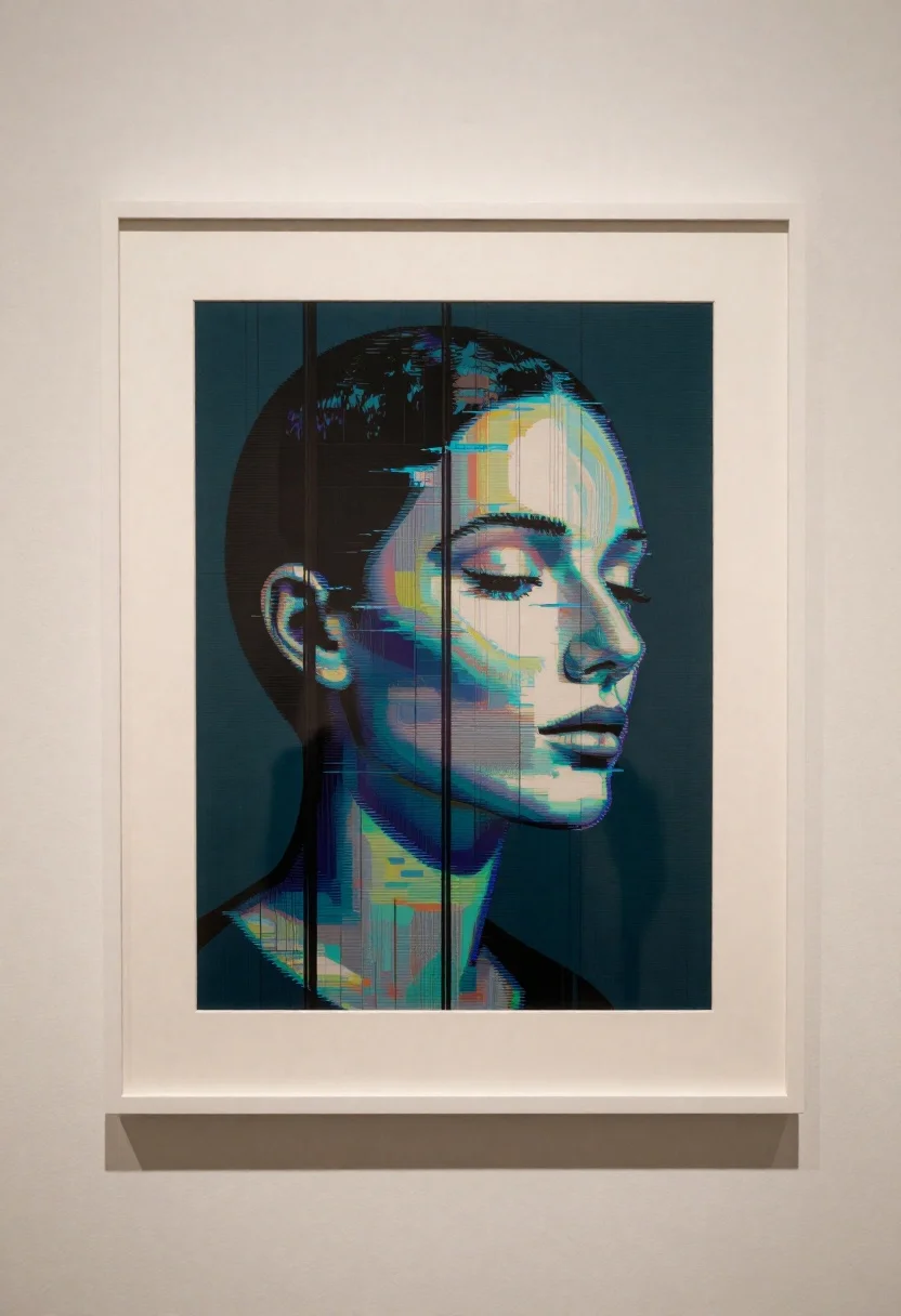 Glitch art portrait mounted on a beige gallery wall - AI generated image prompt sample
