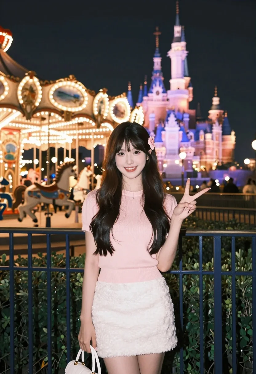 Young woman smiling at amusement park carousel and illuminated castle at night - AI generated image prompt sample