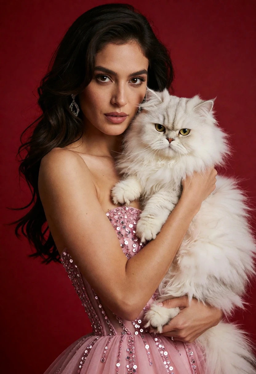 Poised woman in pink sequin gown holding white persian cat against red - AI generated image prompt sample