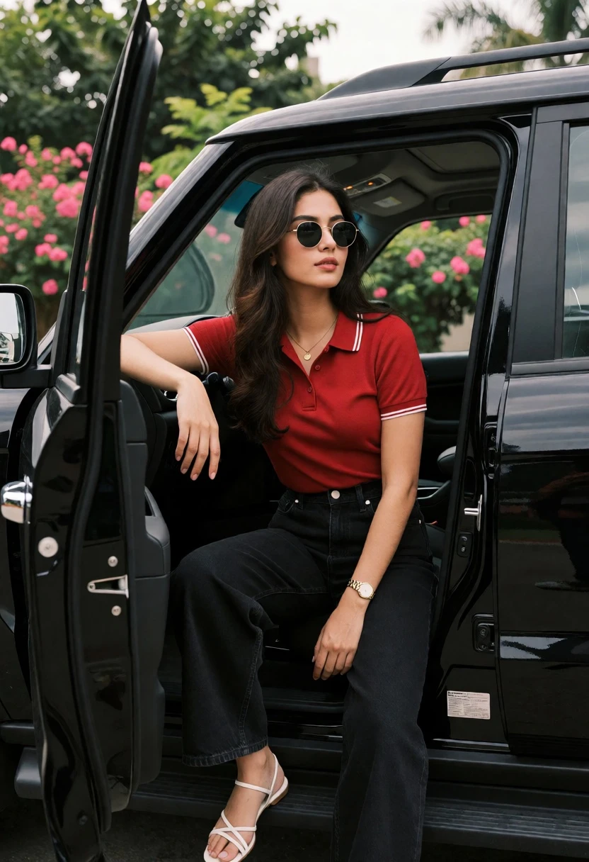 Young woman in red polo shirt leaning on black suv doorway outdoors - AI generated image prompt sample