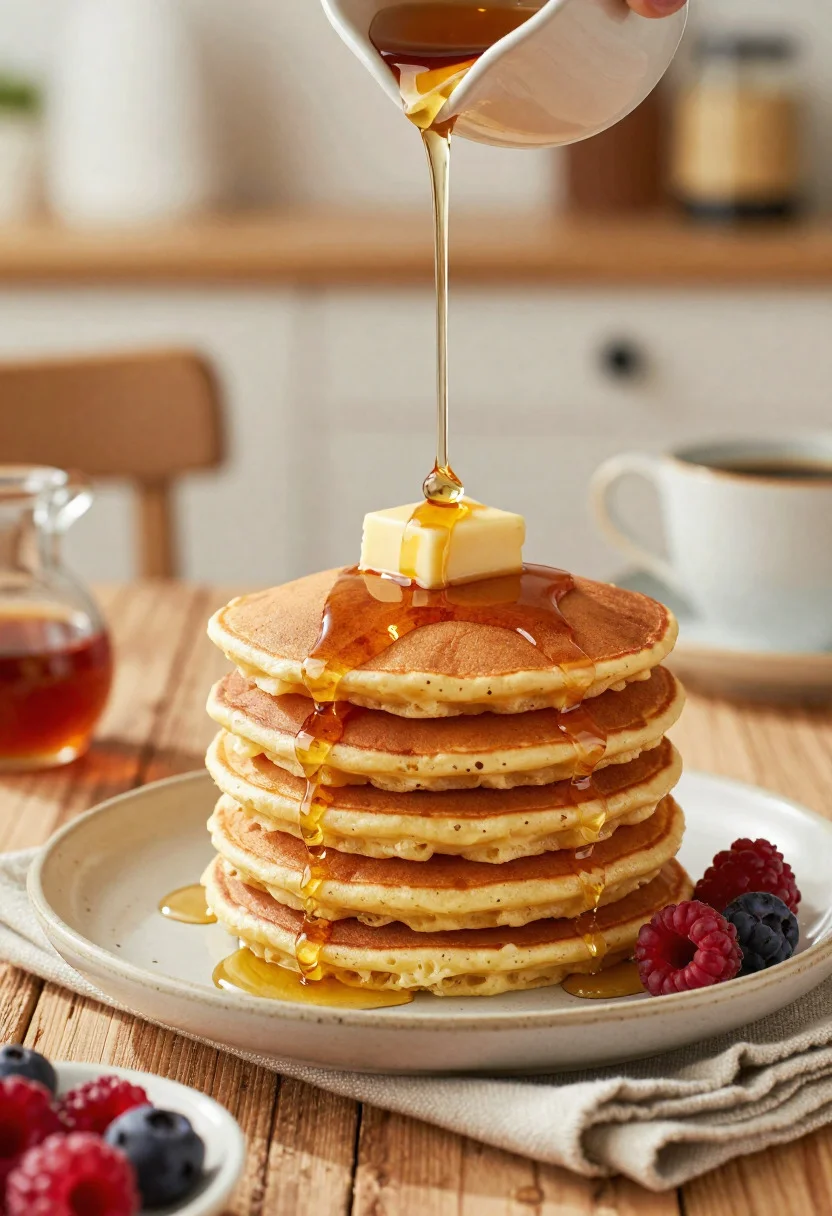 Close up stack of fluffy pancakes with maple syrup on rustic wooden